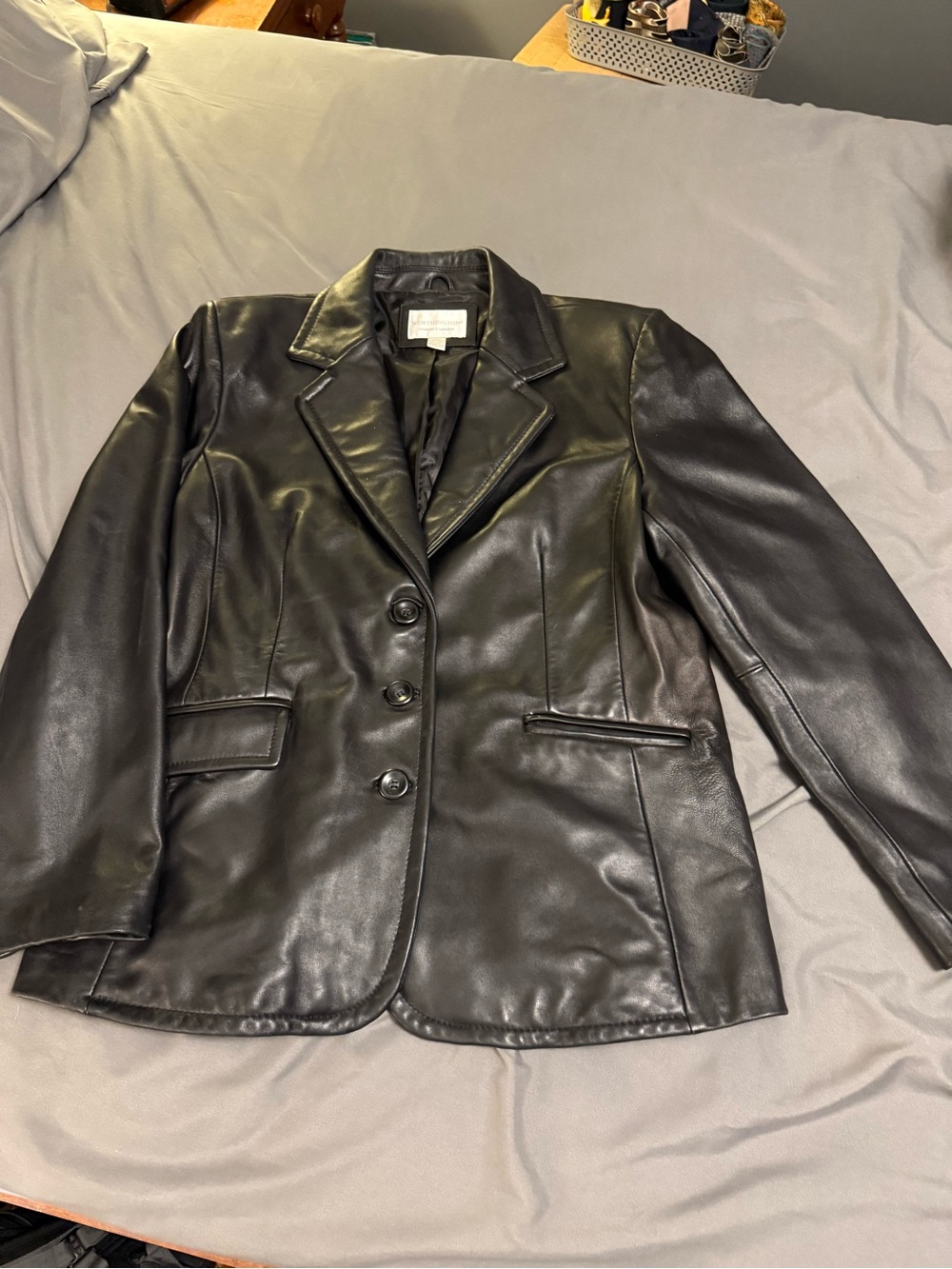 Worthington Women XL Black Genuine Lambskin Leather Blazer Jacket Y2K 3-Button